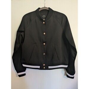 ARMANI EXCHANGE A/X Jacket Bomber Black Satin White Gold Snap Closure Sz L